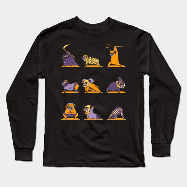 Pug Yoga Halloween Monsters Long Sleeve T-Shirt by huebucket